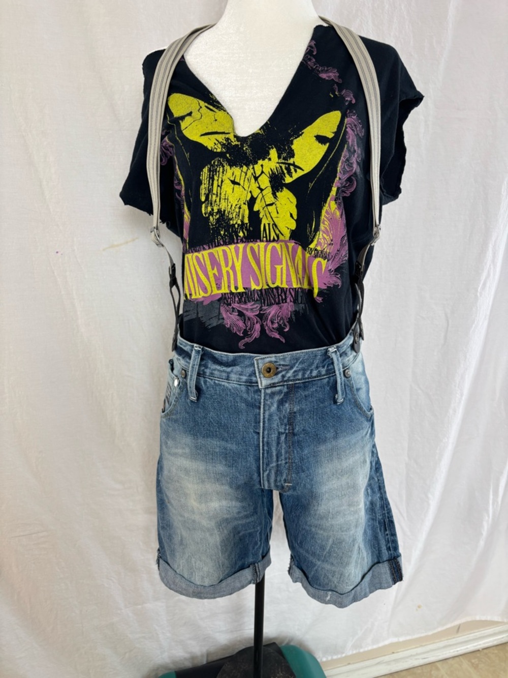 G-Star RAW  Suspender Denim Shorts W30 Distressed High Rise Festival Streetwear